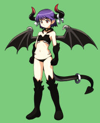 Rule 34 | 1girl, :&lt;, bad id, bad pixiv id, boots, demon girl, demon tail, demon wings, flat chest, gloves, green background, horn ornament, horn ribbon, horns, knee boots, navel, original, panties, purple hair, red eyes, ribbon, rohitsuka, short hair, solo, tail, underwear, wings