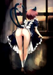 Rule 34 | 1girl, animal ears, ass, bare legs, bent over, cat ears, cat tail, censored, closed eyes, from behind, highres, hitomaru, maid, maid headdress, mosaic censoring, multiple tails, nekomata, no panties, non-web source, original, presenting, pussy, ribbon, shoes, socks, solo, tail, tail ornament, tail ribbon, upskirt, white socks, window