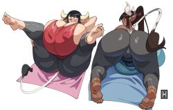 Rule 34 | 2girls, absurdres, animal ears, animal print, ass, barefoot, black hair, black pantyhose, blue shirt, breasts, cameltoe, cleavage, cow ears, cow girl, cow horns, cow print, cow tail, dark-skinned female, dark skin, female focus, gigantic breasts, highres, horns, huge ass, looking at another, lying, multiple girls, original, pants, pantyhose, ponytail, red shirt, shiny clothes, shiny skin, shirt, sideboob, skindentation, sweat, tail, tanya (thehelmet guy), thehelmet guy, thick thighs, thighs, towel, white background, wide hips, yoga, yoga pants