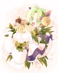 Rule 34 | 1girl, :d, animal hands, animal hat, bell, bow, cat hat, cat tail, dejiko, di gi charat, dress, flower, frilled dress, frills, gloves, green eyes, green hair, hair bell, hair ornament, hair ribbon, hat, holding, holding flower, looking at viewer, open mouth, parted bangs, paw gloves, paw shoes, puffy short sleeves, puffy sleeves, ribbon, rose, saik you, short hair, short sleeves, smile, solo, tail, tail bow, tail ornament