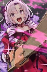 Rule 34 | 1girl, :d, bare shoulders, chainsaw, chest tattoo, collarbone, dress, drill hair, eyes visible through hair, formal, gloves, hair ribbon, hairband, hyakumantenbara salome, hyakumantenbara salome (1st costume), light purple hair, long hair, mappaninatta, nijisanji, open mouth, parted bangs, power tool, purple eyes, ribbon, smile, solo, sparkle, sparkling eyes, tattoo, very long hair, virtual youtuber