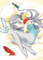 Rule 34 | 1girl, absurdres, animal ears, blue leotard, bow, bowtie, capelet, commentary request, detached collar, closed eyes, fake animal ears, fetal position, full body, grey eyes, grey hair, grey pantyhose, hair between eyes, high heels, highres, kantai collection, kiyoshimo (kancolle), leotard, long hair, low twintails, lying, on side, one-hour drawing challenge, pantyhose, playboy bunny, rabbit ears, rabbit tail, red footwear, sack, shoes, unworn shoes, single shoe, sleeping, solo, strapless, strapless leotard, tail, taisinkoku, twintails, very long hair, wrist cuffs