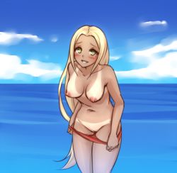 Rule 34 | 10s, 1girl, bikini, bikini bottom only, bikini pull, bikini tan, blonde hair, blush, breasts, clothes pull, creatures (company), day, exhibitionism, game freak, green eyes, grin, long hair, looking at viewer, medium breasts, monorus, navel, nintendo, nipples, npc trainer, ocean, pokemon, pokemon xy, public indecency, pulling own clothes, pussy, smile, solo, swimmer (pokemon), swimsuit, tan, tanline, topless, uncensored, undressing, very long hair