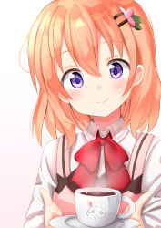 Rule 34 | 1girl, ame., blush, bow, closed mouth, coffee, collared shirt, commentary request, cup, gochuumon wa usagi desu ka?, gradient background, hair between eyes, hair ornament, hairclip, highres, holding, holding saucer, hoto cocoa, long sleeves, looking at viewer, orange hair, pink background, pink vest, purple eyes, rabbit house uniform, red bow, saucer, shirt, smile, solo, teacup, uniform, vest, waitress, white background, white shirt