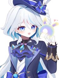 Rule 34 | 1girl, :d, ascot, blue ascot, blue eyes, blue hair, blue hat, blue jacket, blush, brooch, colored inner hair, furina (genshin impact), genshin impact, gloves, hair intakes, hand up, hat, heart, heterochromia, highres, jacket, jewelry, kino (curry pan), long hair, looking at animal, low twintails, multicolored hair, open clothes, open jacket, open mouth, seelie (genshin impact), shirt, smile, solo, streaked hair, top hat, twintails, upper body, vision (genshin impact), white gloves, white hair, white shirt
