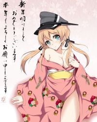 Rule 34 | 10s, 1girl, aqua eyes, blonde hair, blue eyes, blush, breasts, female focus, hat, head tilt, highres, japanese clothes, kantai collection, kimono, large breasts, long hair, military hat, new year, no bra, no panties, off shoulder, prinz eugen (kancolle), smile, solo, twintails