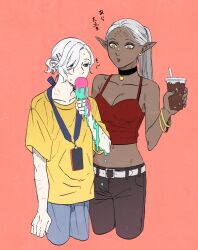 Rule 34 | 1boy, 1girl, :o, bags under eyes, belt, black choker, black eyes, bobby pin, bracelet, breasts, camisole, choker, cithis, cleavage, contemporary, cowboy shot, crop top, cup, dark-skinned female, dark elf, dark skin, dripping, dungeon meshi, earrings, eating, elf, eyeshadow, facial mark, food, food on body, forehead mark, grey hair, hair over one eye, holding, holding cup, holding food, holding ice cream, ice cream, jewelry, kabe piko, lanyard, large breasts, lipstick, long hair, looking at another, makeup, melting, midriff, mithrun, multiple scars, navel, notched ear, official alternate costume, orange background, pants, parted lips, phone, pointy ears, ponytail, red camisole, scar, shirt, short hair, short ponytail, simple background, sweat, t-shirt, wavy hair, wide-eyed, yellow eyes