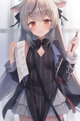 Rule 34 | 1girl, ahoge, animal ears, black dress, black jacket, black ribbon, blue archive, blush, breasts, brown eyes, cleavage cutout, closed mouth, clothing cutout, commentary, cowboy shot, dress, flower knot, grey hair, grey skirt, hair ribbon, hands up, highres, holding, holding paper, holding pencil, jacket, kokona (blue archive), kuro futoshi, layered skirt, long hair, long sleeves, looking at viewer, open clothes, open jacket, paper, pelvic curtain, pencil, ribbon, skirt, small breasts, smile, solo, standing, striped clothes, striped dress, tassel, vertical stripes, very long hair