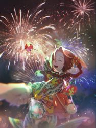 Rule 34 | 1girl, aerith gainsborough, braid, braided ponytail, chocobo, closed eyes, disembodied hand, final fantasy, final fantasy vii, fireworks, fish, floral print, flower, goku-chan, goldfish, hair flower, hair ornament, hair ribbon, hand fan, highres, holding hands, japanese clothes, kimono, moogle, night, night sky, open mouth, outstretched arm, paper fan, parted bangs, pointing, ribbon, sabotender, sky, smile, square enix, teeth, upper body, upper teeth only