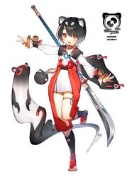 Rule 34 | 1girl, absurdres, animal, animal ears, black hair, blush, capelet, dress, hachihito, hair between eyes, highres, long sleeves, looking at viewer, open mouth, orange eyes, original, polearm, sandals, short hair, simple background, smile, spear, standing, standing on one leg, thigh strap, weapon, white background