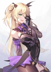 Rule 34 | 1girl, absurdres, bare shoulders, black thighhighs, blonde hair, breasts, cha hou, elbow gloves, eyepatch, fischl (genshin impact), frills, garter straps, genshin impact, gloves, green eyes, highres, long hair, looking at viewer, see-through, solo, thighhighs, two side up