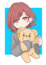Rule 34 | 1girl, blue background, brown eyes, brown hair, commentary request, cottonplum, hugging doll, hair ornament, hairclip, highres, higuchi madoka, idolmaster, idolmaster shiny colors, looking at viewer, mole, mole under eye, hugging object, short hair, sleeves past wrists, smile, solo, stuffed animal, stuffed toy, swept bangs, teddy bear, upper body