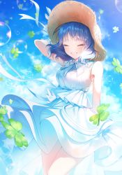 Rule 34 | 1girl, absurdres, bare legs, blue hair, blue sky, breasts, brown hat, bubble, closed eyes, cloud, clover, commentary, dress, eyelashes, hand on headwear, happy, hat, highres, kiritani haruka, medium breasts, minori (faddy), outdoors, project sekai, short hair, sky, sleeveless, sleeveless dress, smile, solo, straw hat, sundress, symbol-only commentary, wavy hair, white dress