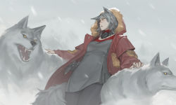 Rule 34 | 1girl, absurdres, animal, animal ears, arknights, blizzard, breasts, chen zhang, coat, fangs, fur-trimmed hood, fur-trimmed jacket, fur trim, glowing, glowing eyes, grey hair, grey wolf, highres, hood, hooded jacket, jacket, mask, mask around neck, medium breasts, open mouth, outdoors, petting, projekt red (arknights), red coat, red jacket, red scarf, scarf, snow, snowing, tail, wolf, wolf ears, wolf girl, wolf tail, yellow eyes