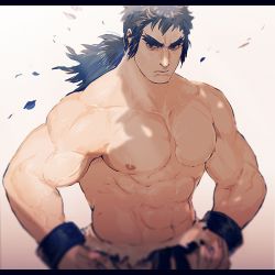 Rule 34 | 1boy, abs, belt, biceps, black belt, black eyes, black hair, blurry, bruno (pokemon), closed mouth, collarbone, commentary request, creatures (company), elite four, falling leaves, forked eyebrows, game freak, hands on own hips, hy 26, leaf, letterboxed, long hair, male focus, muscular, muscular male, navel, nintendo, pants, pectorals, pokemon, pokemon frlg, ponytail, solo, stomach, thick eyebrows, topless male, veins, white pants, wind