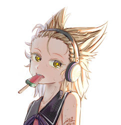 Rule 34 | 1girl, bare shoulders, blonde hair, commentary, dated, earmuffs, food, food in mouth, forehead, highres, looking at viewer, mouth hold, nagi-ri, pointy hair, popsicle, short hair, signature, simple background, sleeveless, solo, sweat, touhou, toyosatomimi no miko, upper body, watermelon bar, white background, yellow eyes