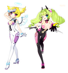 Rule 34 | 2girls, angel, bare shoulders, blonde hair, blue eyes, blush, bodysuit, breasts, cherrypin, cleavage, collar, demon, drill hair, female focus, gloves, green hair, hair ornament, halo, high heels, large breasts, long hair, multiple girls, open mouth, original, pasties, pink eyes, short hair, small breasts, smile, tattoo, twin drills, twintails, wings, wink