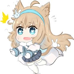 Rule 34 | 1girl, ^^^, ahoge, animal ears, bailingxiao jiu, blue eyes, blue hairband, blue jacket, blue skirt, blush, cape, cat ears, cat girl, cat tail, chibi, fang, flying sweatdrops, full body, fur-trimmed jacket, fur trim, girls&#039; frontline, hairband, highres, jacket, kemonomimi mode, light brown hair, long hair, long sleeves, mittens, no shoes, open mouth, outstretched arms, pleated skirt, simple background, skirt, solo, sparkle, striped clothes, striped skirt, suomi (girls&#039; frontline), sweat, tail, thighhighs, tripping, vertical-striped clothes, vertical-striped skirt, very long hair, wavy mouth, white background, white cape, white mittens, white thighhighs