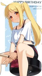Rule 34 | 1girl, absurdres, ahoge, arms between legs, bare shoulders, black shorts, blonde hair, blush, bocchi the rock!, border, character name, closed mouth, commentary request, cropped shirt, dated, drumsticks, feet out of frame, happy birthday, highres, holding, holding drumsticks, ijichi nijika, instant (ioarthus), long hair, looking at viewer, off-shoulder shirt, off shoulder, orange eyes, shirt, shorts, side ponytail, sidelocks, sitting, smile, solo, white border, white shirt