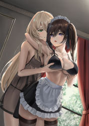 Rule 34 | apron, armpits, black camisole, black ribbon, blonde hair, blush, grabbing another&#039;s breast, breasts, brown hair, camisole, cleavage, covered erect nipples, frilled apron, frilled skirt, frills, grabbing, green eyes, hair ribbon, lingerie, long hair, maid, maid headdress, mole, mole under eye, nonekong, open mouth, original, pantyhose, purple eyes, ribbon, see-through, skirt, thighband pantyhose, thighhighs, twintails, underwear, yuri