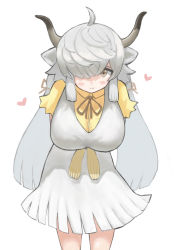 Rule 34 | 1girl, ahoge, animal ears, arms behind back, bad id, bad pixiv id, blush, breasts, brown eyes, commentary, dress, grey hair, hair over one eye, heart, highres, horns, kemono friends, large breasts, leaning forward, looking at viewer, low twintails, one eye covered, ox ears, ox girl, ox horns, short sleeves, simple background, smile, solo, twintails, white background, white dress, yak (kemono friends), zuchi00