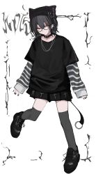 Rule 34 | absurdres, animal ears, animal hat, beanie, belt collar, black beanie, black collar, black footwear, black hair, black nails, black shirt, black skirt, black socks, collar, collarbone, expressionless, fake animal ears, flat chest, hat, hat chain, hat pin, highres, jewelry, kneehighs, layered shirt, layered sleeves, long sleeves, nail polish, necklace, original, oversized clothes, platform footwear, pleated skirt, pom pom (clothes), pom pom beanie, red eyes, safety pin, shirt, short hair, short over long sleeves, short sleeves, skirt, sleeves past wrists, socks, standing, standing on one leg, striped clothes, striped shirt, white shirt, zohyo