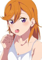 Rule 34 | 1girl, candy, food, highres, licking, lollipop, looking at viewer, love live!, love live! superstar!!, nagi mkrnpn, orange hair, purple eyes, shibuya kanon, shirt, spaghetti strap, tongue, tongue out, white background, white shirt