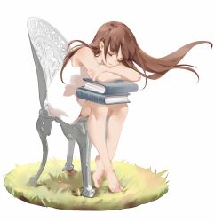 Rule 34 | 1girl, bad id, bad pixiv id, barefoot, blush, book, brown hair, chair, closed eyes, closed mouth, dress, eriya-j, grass, head on arm, highres, long hair, original, simple background, sitting, sleeping, solo, white background, white dress