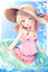 Rule 34 | 1girl, blonde hair, blue eyes, braid, camisole, cloud, hat, innertube, looking at viewer, miniskirt, open mouth, original, outdoors, pink camisole, pink skirt, pirason, short hair, skirt, sky, smile, solo, sun hat, swim ring, wading, water