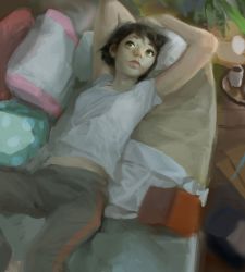 Rule 34 | 1girl, arms up, book, brown hair, couch, green eyes, legs folded, looking away, lying, midriff, muted color, on back, original, painterly, pants, pillow, saskia gutekunst, shirt, short hair, solo, sweatpants, white shirt