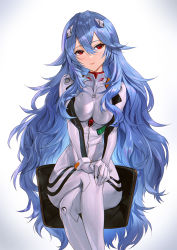 Rule 34 | 1girl, alternate breast size, ayanami rei, blue hair, blush, bodysuit, breasts, crossed legs, evangelion: 3.0+1.0 thrice upon a time, hair between eyes, hairpods, highres, interface headset, large breasts, long hair, looking at viewer, mhk (mechamania), neon genesis evangelion, plugsuit, rebuild of evangelion, red eyes, sitting, solo, very long hair, white background, white bodysuit