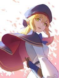 Rule 34 | 1girl, :d, arm at side, artoria caster (fate), artoria caster (second ascension) (fate), artoria pendragon (fate), beret, blonde hair, blue capelet, blush, breasts, capelet, commentary request, fate/grand order, fate (series), from below, gloves, green eyes, hair ribbon, hat, long hair, long sleeves, looking at viewer, looking to the side, multicolored capelet, open mouth, petals, ponytail, red capelet, ribbon, smile, solo, sword, upper body, weapon, weapon on back, yaxiya