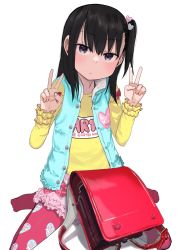 Rule 34 | 1girl, alexa mahone, backpack, bag, black hair, double v, frilled skirt, frilled sleeves, frills, highres, long sleeves, looking at viewer, medium hair, one side up, original, patterned clothing, pink thighhighs, randoseru, shirt, simple background, sitting, skirt, solo, thighhighs, v, vest, white thighhighs, white vest, yellow shirt