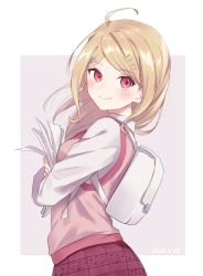 Rule 34 | 1girl, ahoge, akamatsu kaede, backpack, bag, beamed eighth notes, blonde hair, blush, breasts, closed mouth, commentary, commentary request, cowboy shot, danganronpa (series), danganronpa v3: killing harmony, eighth note, fortissimo, from side, hair ornament, highres, holding, holding paper, long hair, long sleeves, looking at viewer, looking to the side, medium breasts, musical note, musical note hair ornament, necktie, hugging object, open mouth, paper, partial commentary, pink background, pleated skirt, print skirt, purple eyes, school uniform, shirt, simple background, skirt, smile, solo, sweater vest, white background, white bag, white shirt, yuzutouhu ika
