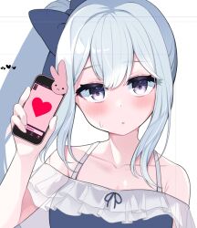Rule 34 | 1girl, :o, blue archive, blue bow, blue hair, blue one-piece swimsuit, blush, bow, cellphone, collarbone, hair bow, heart, holding, holding phone, long hair, looking at viewer, miyako (blue archive), miyako (swimsuit) (blue archive), official alternate costume, one-piece swimsuit, phone, purple eyes, sacha, side ponytail, solo, swimsuit, upper body