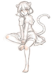 Rule 34 | 1girl, animal ears, barefoot, capelet, dress, feet, hands on feet, kuro suto sukii, looking at viewer, mouse ears, mouse tail, nazrin, open mouth, sketch, solo, tail, touhou