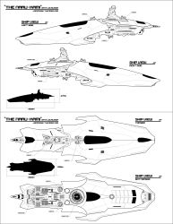 Rule 34 | absurdres, baranha, battlecruiser, battleship, battleship (eve online), cannon, commentary, concept art, english text, eve online, from above, from below, from side, greyscale, hangar, highres, lineart, machinery, military, military vehicle, monochrome, multiple views, no humans, original, science fiction, ship, space ship, spacecraft, spaceship, thrusters, turret, vehicle focus, warship, watercraft