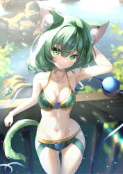 Rule 34 | 1girl, absurdres, animal ear fluff, animal ears, arm behind head, breasts, bridge, cat ears, cat tail, cleavage, closed mouth, cowboy shot, dfra, green eyes, green hair, heart, highres, jewelry, komeiji koishi, light particles, looking at viewer, medium breasts, navel, outdoors, pendant, short hair, smile, solo, standing, swimsuit, tail, thigh gap, third eye, touhou
