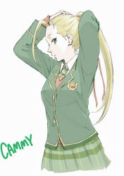 Rule 34 | 1girl, adjusting hair, alternate costume, antenna hair, arms up, blonde hair, cammy white, character name, coelacanth (gyotaku), commentary request, gold trim, green eyes, green necktie, green skirt, hair ornament, long hair, necktie, plaid, plaid skirt, pleated skirt, ponytail, profile, red vest, school uniform, shirt, skirt, solo, standing, street fighter, street fighter v, vest, white shirt