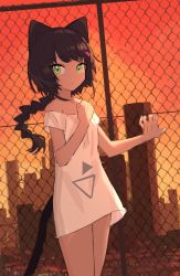 Rule 34 | 1girl, braid, braided ponytail, brown hair, building, chain-link fence, chorefuji, cityscape, closed mouth, commentary request, dress, fence, fish hair ornament, green eyes, hair ornament, hand up, long hair, looking at viewer, off-shoulder dress, off shoulder, original, outdoors, sky, solo, standing, twilight, white dress