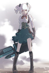 Rule 34 | 1girl, black socks, blue eyes, boots, brown footwear, ciel alencon, corset, cross-laced footwear, elbow gloves, fingerless gloves, frilled shirt collar, frills, gloves, god eater, god eater 2: rage burst, green skirt, hair ribbon, highres, holding, holding weapon, juliet sleeves, kawayabug, knee boots, kneehighs, lace-up boots, long sleeves, neck ribbon, puffy sleeves, ribbon, shirt, silver hair, skirt, smoke, socks, solo, standing, twintails, weapon, white shirt