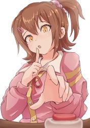 Rule 34 | 1girl, absurdres, b1ack illust, blurry, blurry foreground, brown hair, cardigan, finger to mouth, hair ornament, hair scrunchie, highres, idolmaster, idolmaster million live!, idolmaster million live! theater days, kasuga mirai, looking at object, one side up, pink cardigan, push-button, scrunchie, simple background, solo, upper body, white background