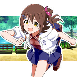 Rule 34 | 1girl, bag, bench, blue skirt, blush, brown footwear, brown hair, buttons, checkered clothes, checkered shirt, clenched hands, commentary, drawstring, fence, hair between eyes, hair ornament, hair ribbon, hairclip, highres, hood, hooded jacket, idolmaster, idolmaster million live!, jacket, kasuga mirai, lake, looking ahead, medium hair, open clothes, open jacket, open mouth, park, park bench, pink ribbon, puffy short sleeves, puffy sleeves, red shirt, ribbon, running, shirt, shoes, short sleeves, shoulder bag, side ponytail, sidelocks, skirt, solo, tree, trinitro t, water, white jacket, wooden fence, yellow eyes