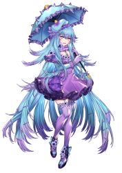Rule 34 | 1girl, absurdly long hair, beret, blue eyes, blue hair, blue hat, blue umbrella, bracelet, breasts, cleavage, colored tongue, creatures (company), dress, flower, full body, game freak, garter straps, gen 7 pokemon, gloves, gradient hair, hair between eyes, hair ornament, hairclip, hat, jewelry, katagiri hachigou, light blue hair, long hair, mareanie, medium breasts, multicolored hair, nintendo, open mouth, over shoulder, parasol, personification, pokemon, purple dress, purple flower, purple footwear, purple gloves, purple hair, purple tongue, simple background, solo, spiked bracelet, spikes, thighhighs, too many hairclips, two-tone hair, umbrella, umbrella over shoulder, very long hair, white background, yellow pupils, zettai ryouiki