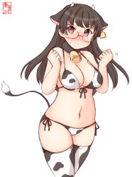 Rule 34 | 1girl, alternate costume, animal ears, animal print, artist logo, bell, bikini, black hair, breasts, choukai (kancolle), cleavage, commentary request, cow ears, cow horns, cow print, cow tail, cowbell, cowboy shot, dated, ear tag, closed eyes, front-tie top, glasses, highres, horns, kanon (kurogane knights), kantai collection, large breasts, long hair, looking at viewer, one-hour drawing challenge, red eyes, rimless eyewear, side-tie bikini bottom, simple background, solo, swimsuit, tail, thighhighs, white background, white bikini, white thighhighs