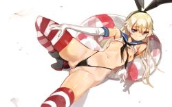 Rule 34 | 10s, 1girl, black panties, blonde hair, blue eyes, breasts, elbow gloves, gloves, hairband, kantai collection, long hair, navel, nipples, panties, shimakaze (kancolle), simple background, skirt, small breasts, solo, striped clothes, striped thighhighs, thighhighs, underwear, white gloves, yd (orange maru)