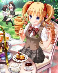 Rule 34 | 3girls, absurdres, bad id, bad pixiv id, black socks, blonde hair, blue eyes, blush, bow, bowtie, brown footwear, brown vest, cake, cake slice, chair, cup, cupcake, day, drill hair, food, food on face, fork, fruit, grass, hair bow, head wreath, highres, holding, holding fork, idol wars z, kneehighs, licking lips, macaron, multiple girls, outdoors, plaid, plaid bow, plaid bowtie, plaid skirt, red bow, red bowtie, rinka tenkawa, school uniform, shirt, show100000, sitting, skirt, socks, strawberry, table, teacup, teapot, tiered tray, tongue, tongue out, twin drills, twintails, vest, white shirt