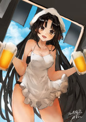 Rule 34 | :d, alternate costume, apron, bare shoulders, beer mug, bikini, black bikini, black hair, breasts, brown eyes, cleavage, cowboy shot, cup, dated, hair down, highres, holding, holding cup, kantai collection, large breasts, long hair, looking at viewer, medium breasts, mug, open mouth, shouhou (kancolle), smile, solo, swimsuit, toka (marchlizard), twitter username, very long hair, white apron