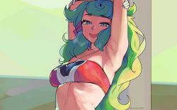 Rule 34 | 1girl, against pillar, armpits, bare shoulders, blue eyes, breasts, commentary, day, english commentary, green hair, green sky, heavy breathing, highres, long hair, looking at viewer, medium breasts, midriff, open mouth, original, solo, strapless, sweat, tiger (woofycakes), tube top, twitter username, upper body, wavy hair, woofycakes