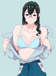 Rule 34 | 10s, 1girl, black hair, blue background, blue bra, blue panties, bra, breasts, collarbone, glasses, green eyes, hairband, jewelry, kantai collection, long hair, ojipon, ooyodo (kancolle), panties, ring, side-tie panties, small breasts, solo, underwear, undressing, upper body, wedding band